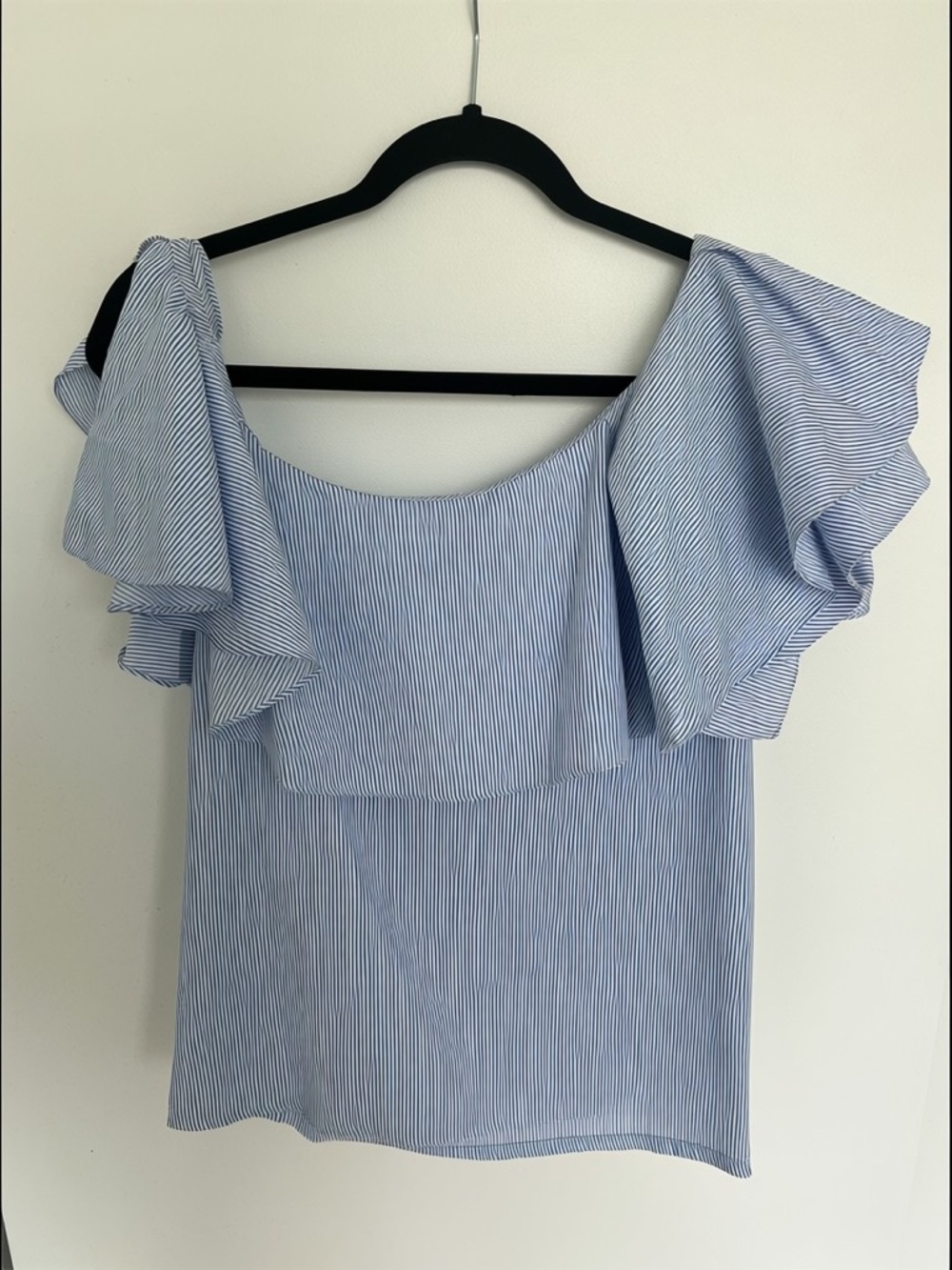 MLM Label | Light Blue Striped Off-Shoulder Ruffle Top - Picture 2 of 2